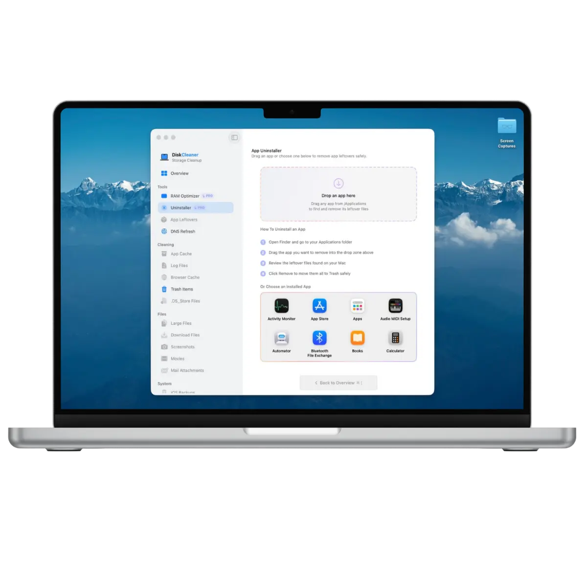DiskCleaner App Uninstaller for Mac showing leftover files, caches, preferences, containers, and app removal review before cleanup