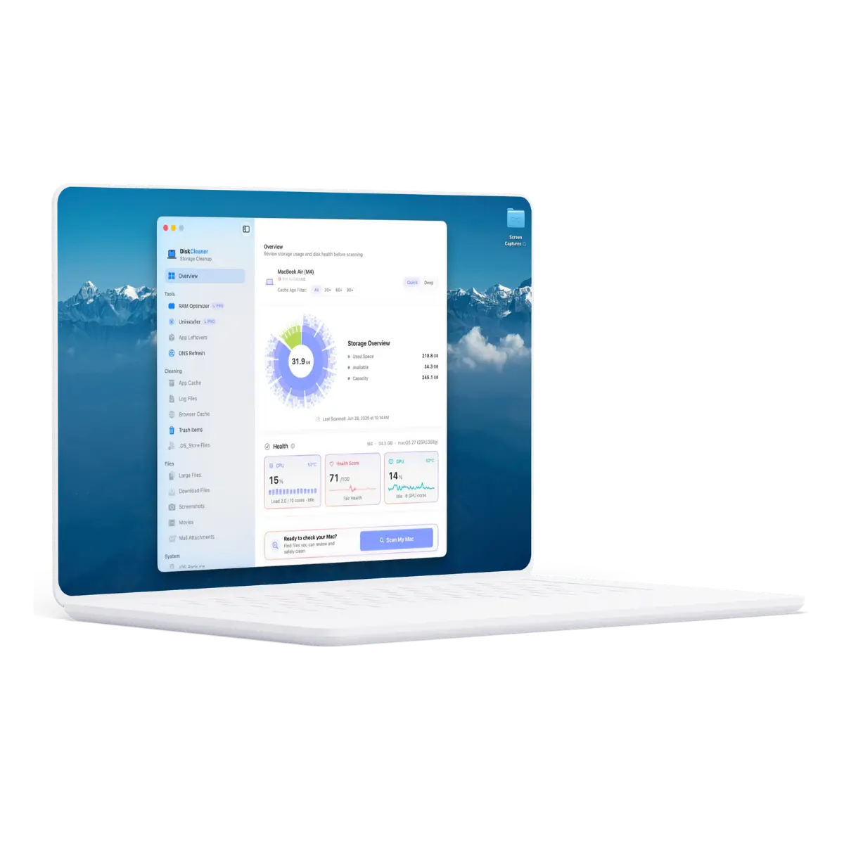 DiskCleaner showing storage categories and files available for review before cleanup